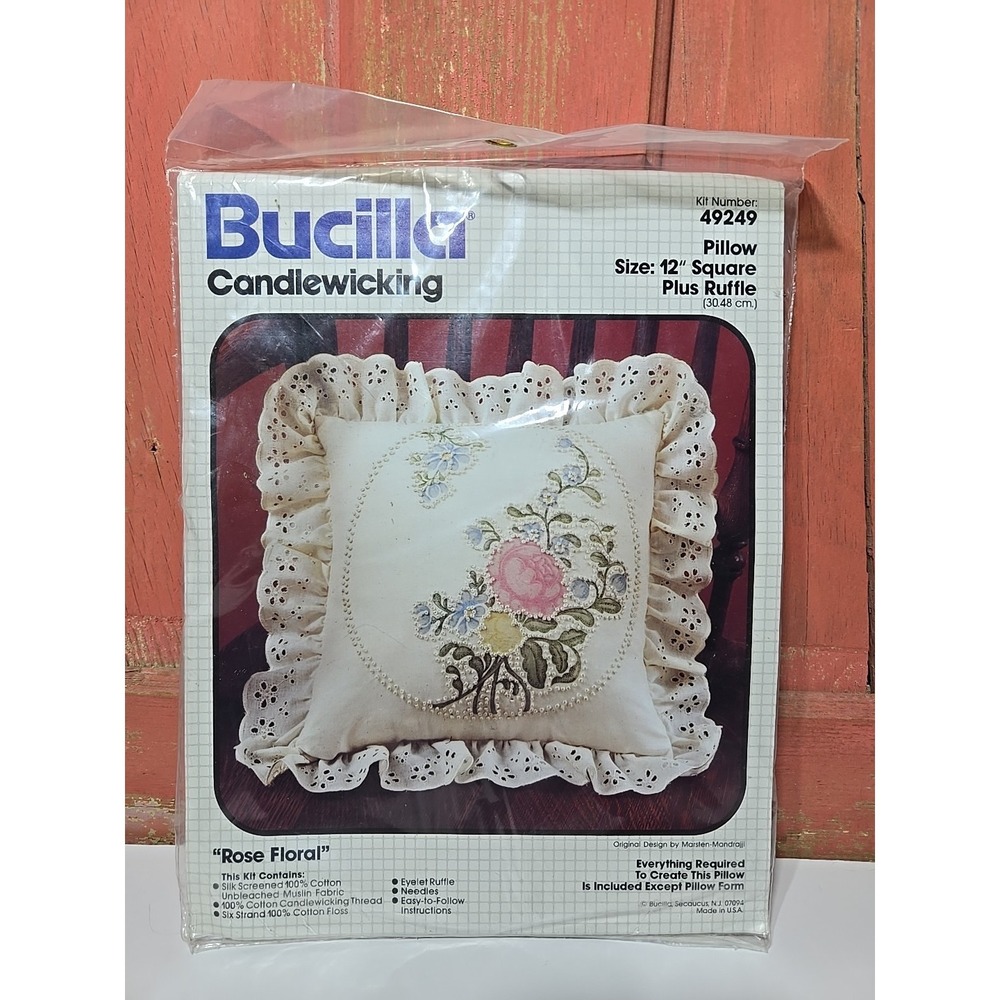 BUCILLA PILLOW Rose Floral 12" Square + Ruffle CANDLEWICKING Grannycore Cottage